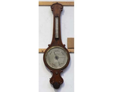 A Victorian walnut barometer/thermometer by D Bolongaro &amp; Son of Manchester, with moulded S and C scroll edging, height 1