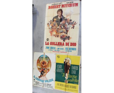 Three vintage Italian film billboard posters; 'La Collera Dio (The Wrath of God)', starring Robert Mitchum and Rita Hayworth,