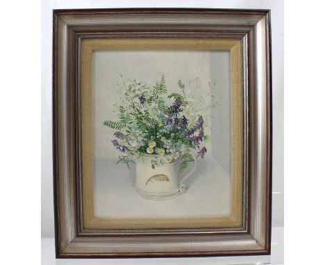 AUDREY JOHNSON (1918-2010); oil on board, botanical study of tufted vetch and daisies in a ceramic ewer, unsigned, artists la