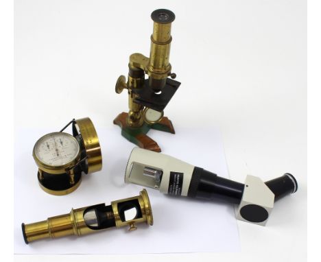 Two vintage brass travelling microscopes, a later Hunter field microscope and a John Casartelli air meter, all in wooden case