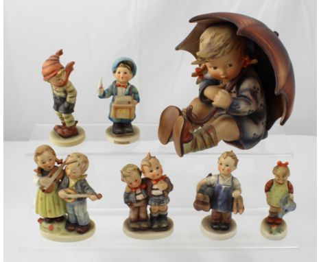 A small group of 1940s and later Hummel figures comprising Boy with scarf, cobbler, postman, girl with watering can, boys wit