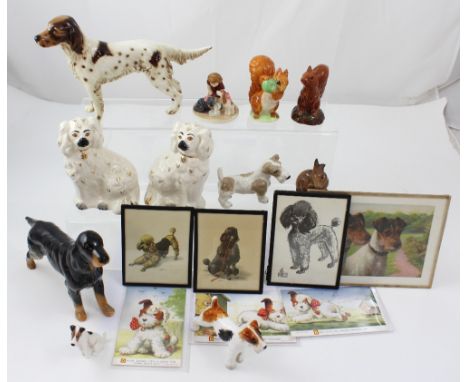 A quantity of ceramic dog figures to include Goebel English setter, height 6.5cm, a pair of Beswick chimney digs, a Beswick B