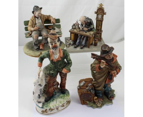 Four Capodimonte figure groups, 'Ce La Vie', a tramp mending a patch in his coat, a clock maker, a seated tramp with pipe in 