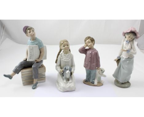 Four Nao figurines, newspaper boy seated on batch of newspapers, little boy with teddy bear ready for bed, seated girl in nig