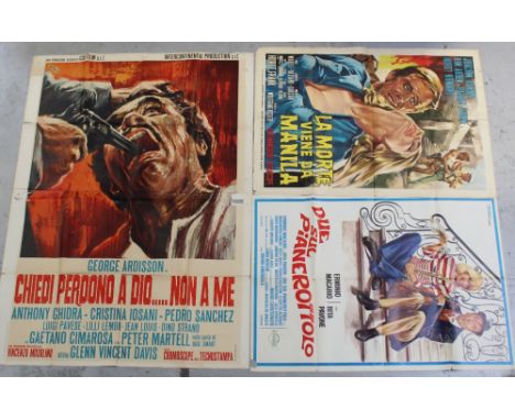 Three vintage Italian film billboard posters; 'Chiedi Perdono a Dio... Non a Me', 193 x 140cm, 'La Morte Viene da Manilla' an