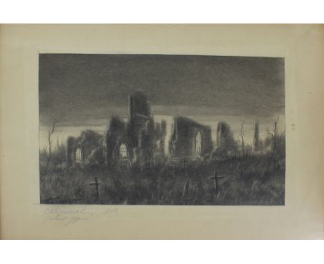A Everaert; a charcoal sketch of a ruined church at Kemmel, showing the destruction of Ypres during WWI, signed lower-left, t