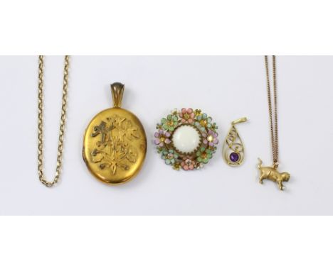 A 9ct gold belcher link chain, a yellow metal Victorian brooch, a 9ct gold and seed pearl cat charm on yellow metal chain, an