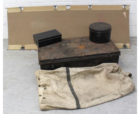 A an early 20th century Naval metal travel chest, a Naval officers hat box, a cash box, a vintage canvas military bed, and a 