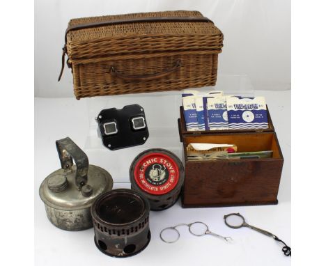 A vintage Sawyer's View-Master in original case with oak box containing a selection of rotating slide reels, two Art Deco sty