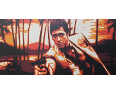 George Ionnan; giclee print on canvas, 'You're A Pig That Won't Fly Straight', depicting Al Pacino in the film Scarface, with