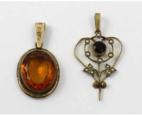 An Edwardian yellow metal seed pearl and amethyst pendant, and an oval mounted citrine pendant (2).