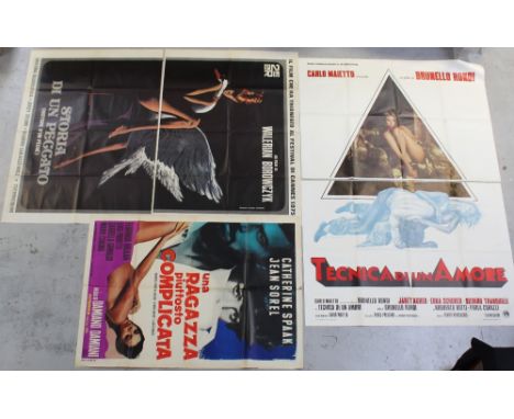 Three vintage Italian film billboard posters; 'Tecnica di un Amore', 199 x 140cm, 'Una Origazza Piuttosto Complicata' and a f