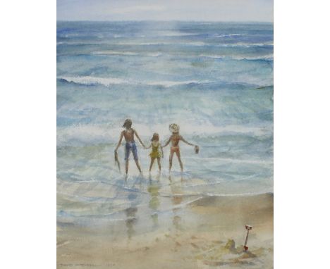 DAVID MITCHELL (20th century); watercolour, beach scene with children playing in the tide with sandcastle lower right, signed