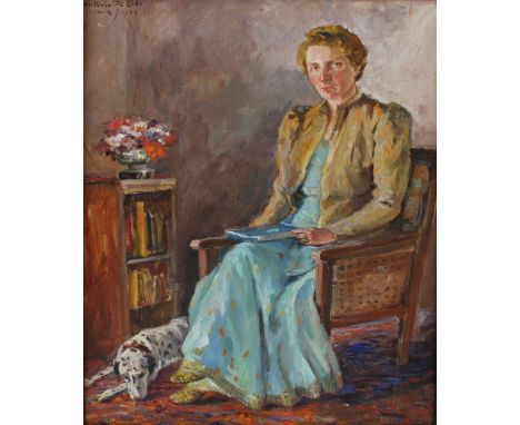ANTONIA DE BEI (20th century); oil on board, portrait of seated female figure reading with a Dalmatian at her feet, signed an