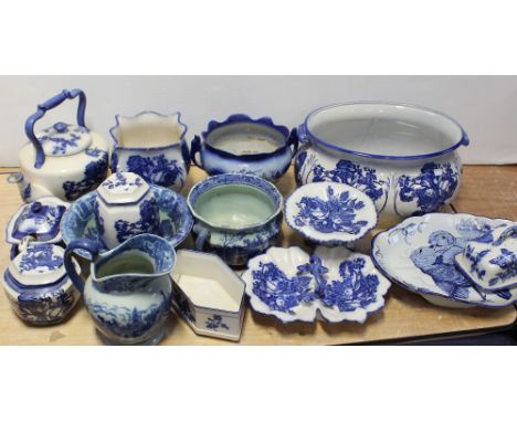 A collection of Staffordshire Ironstone blue and white to include foot bath, turkey plate, comport, an Edwardian style square