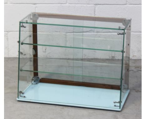 A vintage glass two-shelf counter-top display cabinet with slide doors and mahogany sub-frame 45.5 x 30.5 x 60.5cm (af).