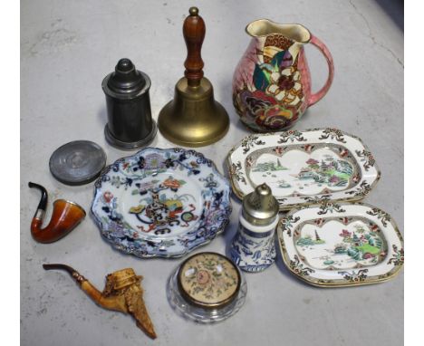 A mixed lot to include a silver-mounted calabash pipe, a Meerschaum pipe, a Britannia Metal blancmange mould, a Royal Winton 