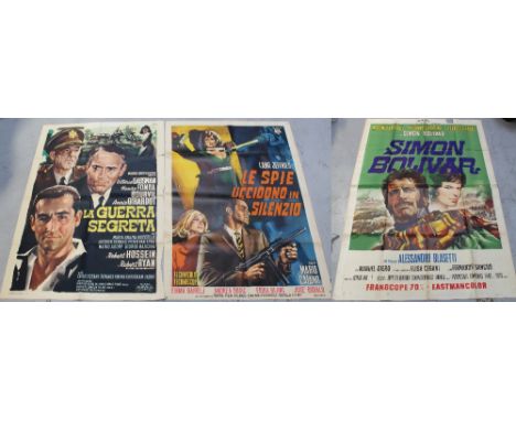 Three vintage Italian film billboard posters; 'Simon Bolivar', 191 x 138cm, 'Le Spie Uccidono in Silenzio' and a further exam