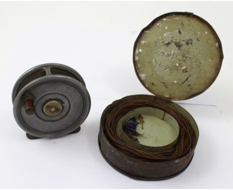 A Hardy Brothers Ltd 'The Uniqua' 31/8" fly reel, and a battered vintage 'Paul's Unique Tackle Box' containing flys (2).