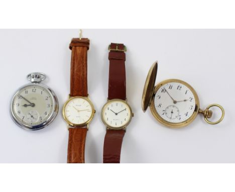 A gold-plated full hunter fob watch in Elgin engine-turned case and a Smiths Empire 1930s chrome-plated fob watch with subsid
