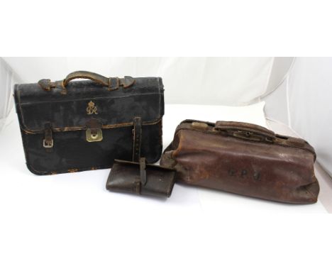 A George V black leather attaché case with Royal cipher to the front, height 25.5cm, a GPO Gladstone bag and a vintage telegr