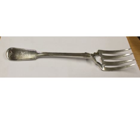 A Victorian silver fiddle and thread pattern serving fork, London 1853, monogrammed with a 'W', length 26cm, approx 3.9ozt.