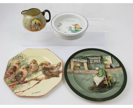 A rare 1930s AJ Wilkinson Honey glaze hand painted plate, by IA Crisp, 'The Conference', depicting a group of kookaburras, di