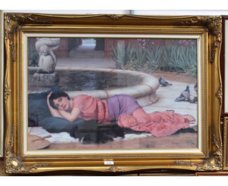 A modern pre-Raphaelite print in the manner of Lawrence Alma-Tadema or Frederick Lord Leighton of a forlorn looking lady recl