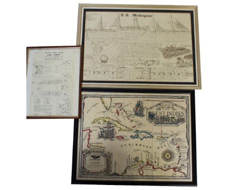 A 1930s 17th century style NCL map of the West Indies, marked 'MS Starward', a Royal Mail Lines deck plan from RMS Ebro, and 