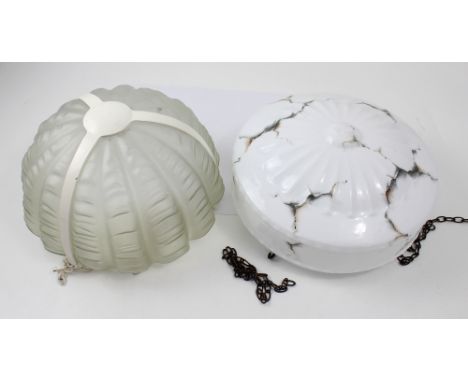 A marbled white opaque glass pendant lamp shade, diameter 30cm, and a 1930s frosted glass example in white metal frame (2).