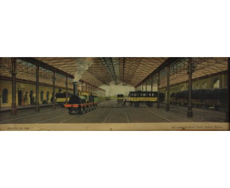 After C Hamilton Ellis; a c1950s railway carriage print, 'Travel In 1840 Old Station At Derby North Midland Railway', 21 x 58