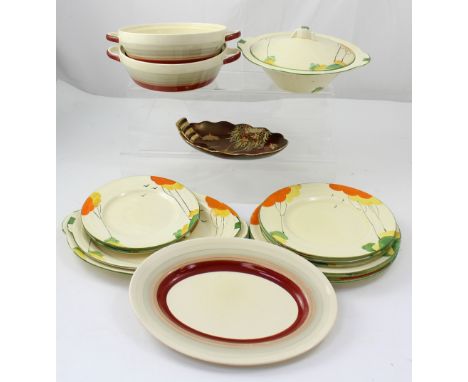A small collection of Art Deco and later ceramics to include some Susie Cooper 'Wedding Ring' pattern, Grindley dinner plates
