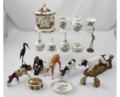 A quantity of Wedgwood 'Kutani' ornamental ware, a Masons 'Mandalay' clock in the form of a pagoda, ceramic cows and shepherd