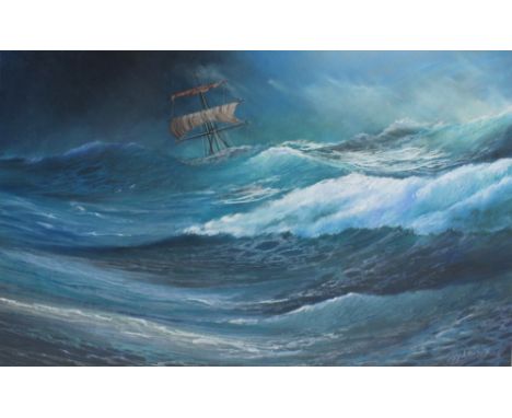 HOPKINS; a large pastel on paper, seascape of rolling stormy sea with the masts of tall ships in the background with deep tro