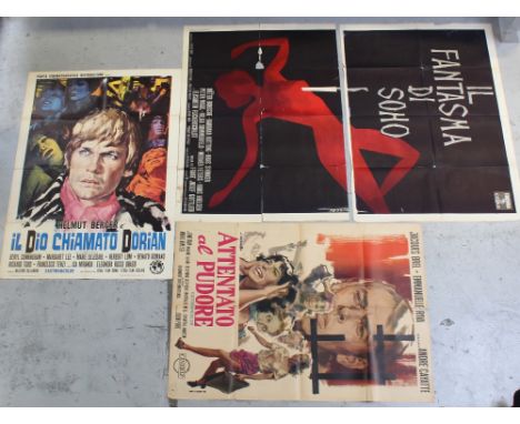 Three vintage Italian film billboard posters; 'Il Dio Chimato Dorian', 138 x 100cm, 'Attentato al Pudore' and a further examp