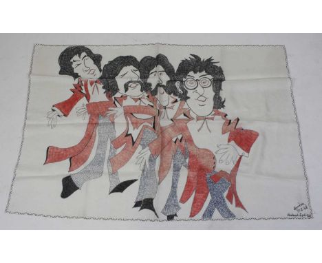 Herbert Epting, 20th century, a canvas wall hanging depicting the Beatles, each in a red bow tie and jacket, printed bottom r