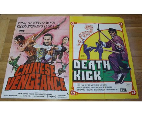 Chinese Vengeance / Death Kick UK quad double-bill film poster, with X certificate kung fu art by Tom Chantrell from ShawScop