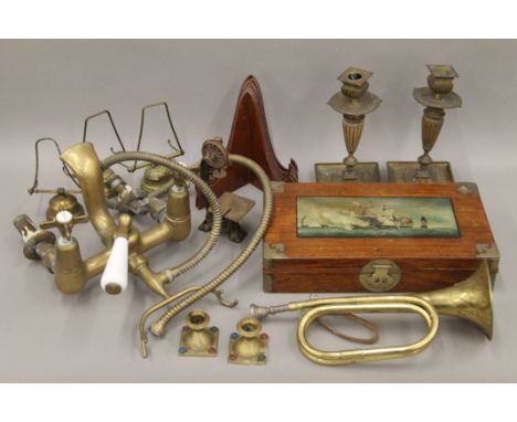 A quantity of miscellaneous items, including a brass mixer tap, a painted box, brass candlestick, a bugle, etc. The bugle 33.