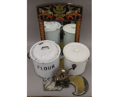 A vintage coffee grinder, an enamel flour bin, a painted mirror and a painted shield. The former 17 cm high.