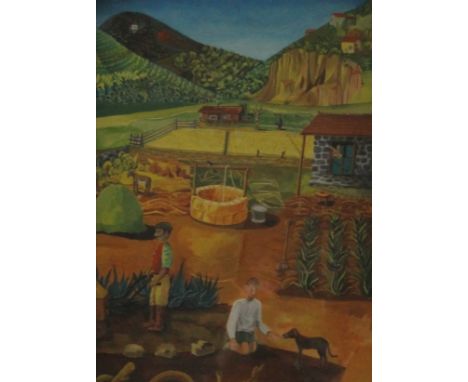 Farmstead, gouache on paper, signed with initials R R R, framed and glazed. 23 x 32 cm.