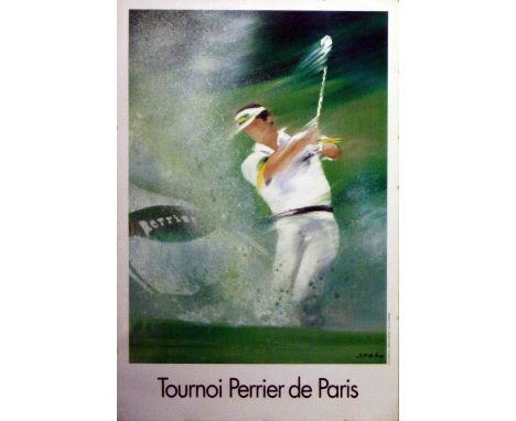 Original vintage poster for the Paris golf tournament sponsored by Perrier water drink featuring a dynamic image of a golfer'