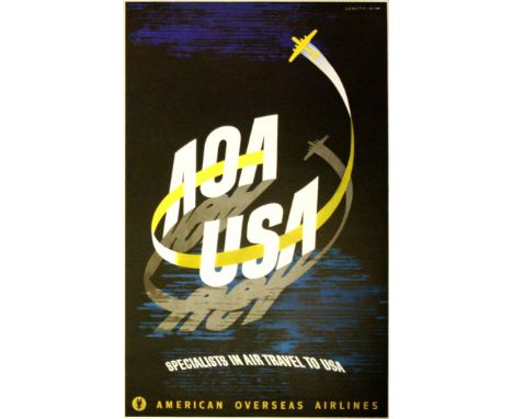 Original vintage advertising poster for American Overseas Airlines, AOA USA - specialists in air travel to USA - featuring st