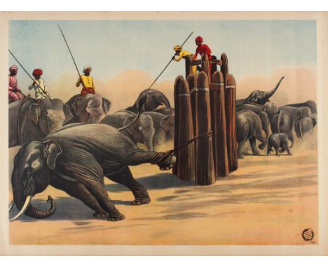 Original vintage advertising poster featuring a vivid illustration depicting Indians hunting elephants. In the foreground, an