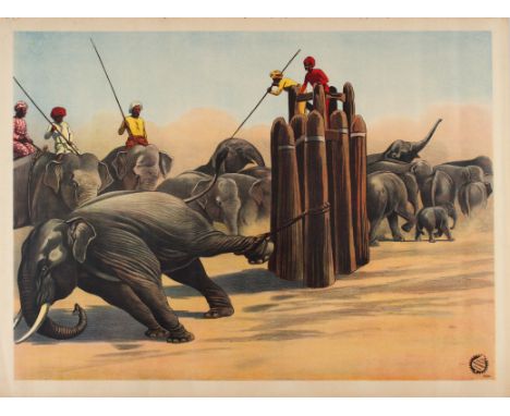 Original vintage advertising poster featuring a vivid illustration depicting Indians hunting elephants. In the foreground, an