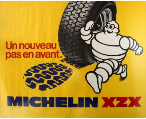 Original vintage advertising poster for Michelin XZX Tyres featuring the Michelin Man running next to a tyre, the tread shape