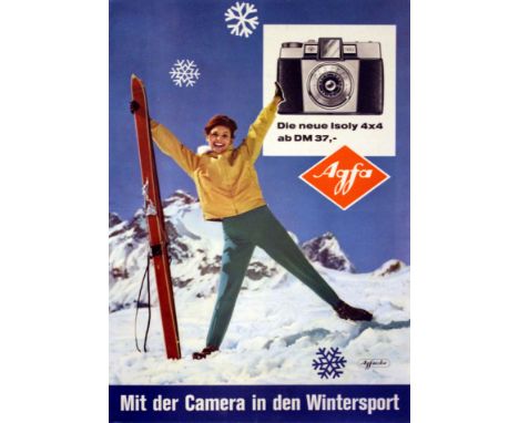 Winter Sports with Agfa Colour Original vintage poster featuring a happy lady holding a pair of skis, standing on a snowy slo