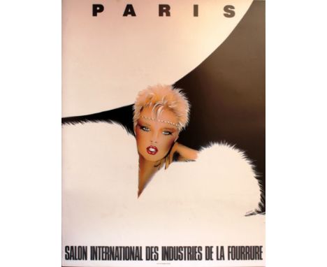Original vintage advertising poster for the Paris Salon International des Industries de la Fourrure. Image of a lady wearing 