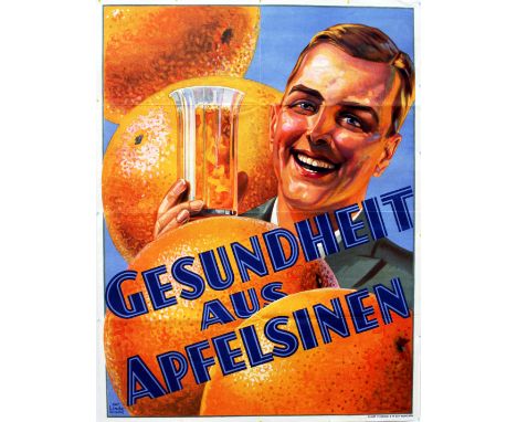 Bright original vintage health food advertising poster for oranges issued in the 1930s in Germany. Gesundheit aus Apfelsinen 