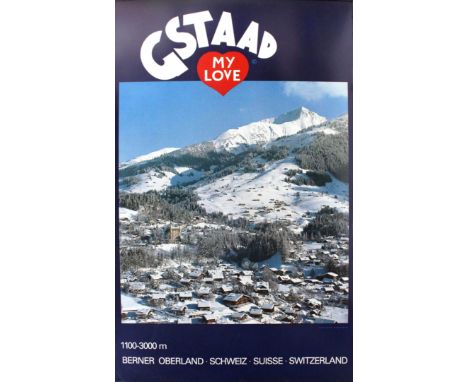 Original vintage skiing poster for Gstaad "My Love" 1100m 3300ft, Schweiz - Suisse - Switzerland - Svizzera. Photo of the res