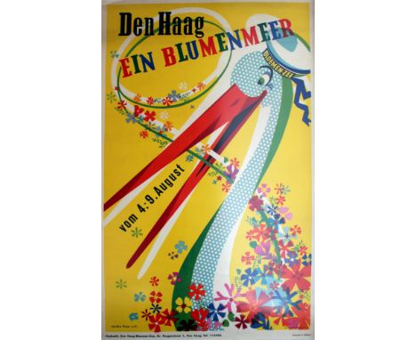 Original vintage travel poster advertising The Hague, Den Haag - Ein Blumenmeer, from 4-9 August. Fun and colourful image on 